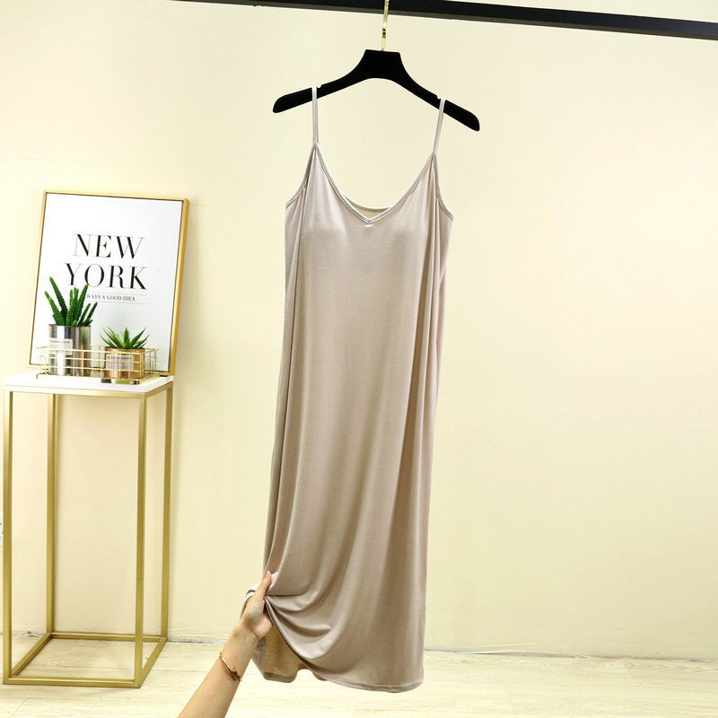 Womens One-piece V-neck Sling Base Skirt with Chest Pad Summer Long Nightgown Home Skirt Outer Wearing Dress Beige 