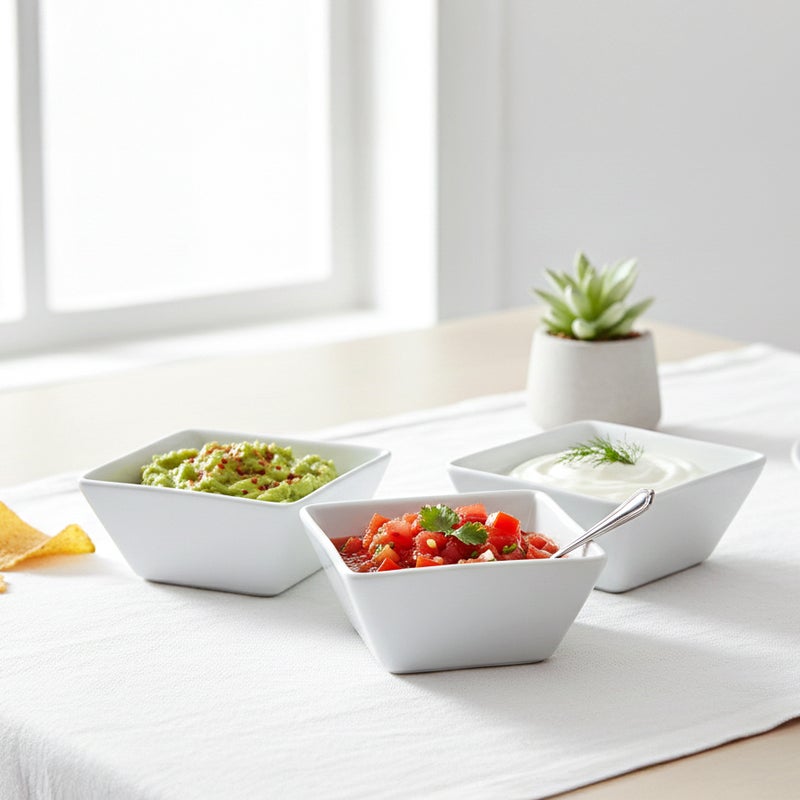 Shallow SQU 3PCS Square Porcelain Bowl Set  12cm White Snack & Serving Bowls for Daily Use, Ramadan, Eid, Diwali & Festive Hosting - Image 3