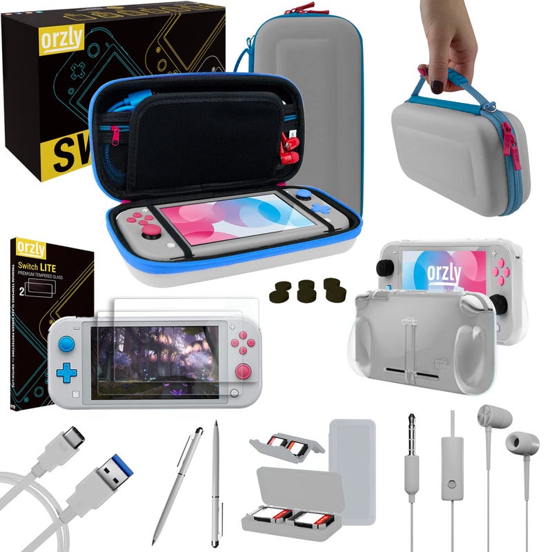 Orzly Switch Lite Accessories Bundle - Case & Screen Protector for Nintendo Switch Lite Console, USB Cable, Games Holder, Grip Case, Headphones, Thumb-Grip Pack & More (Gift Pack - Z&Z Edition) - Image 1