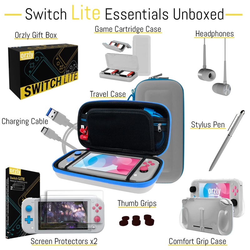 Orzly Switch Lite Accessories Bundle - Case & Screen Protector for Nintendo Switch Lite Console, USB Cable, Games Holder, Grip Case, Headphones, Thumb-Grip Pack & More (Gift Pack - Z&Z Edition) - Image 3