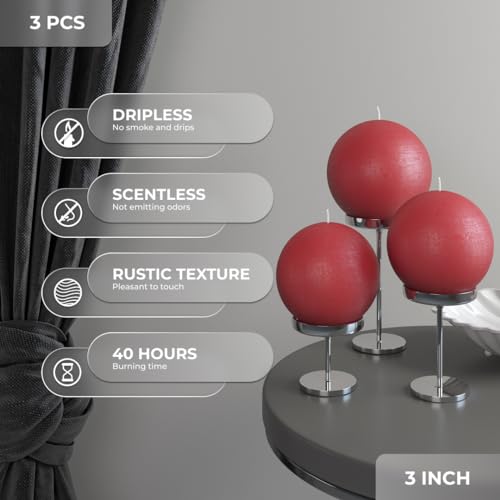 CANDWAX Candle Set of 3 Round Candles - 3 Inch Bordeaux Unscented Long Burning - Perfect for Wedding Decor & Any Event - Image 2