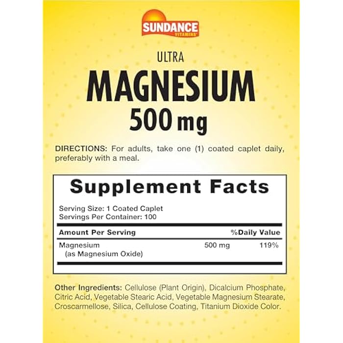 Sundance Magnesium Supplement | 500mg | Oxide | 100 Coated Caplets | Vegetarian, Non-GMO and Gluten Free - Image 2