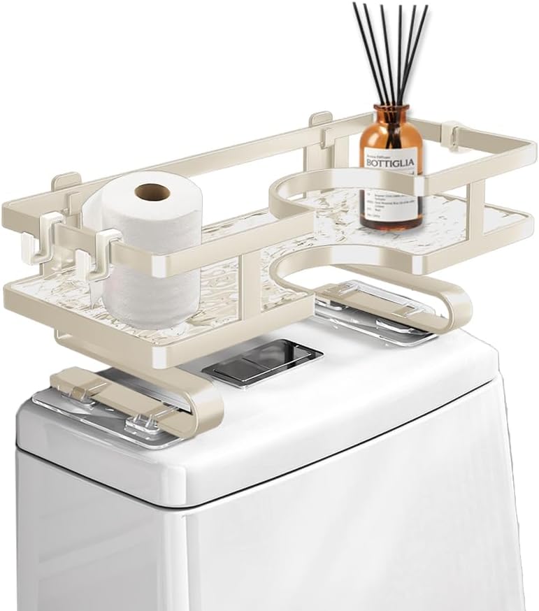 SRTFINE Over Toilet Storage Shelf No-Drill Floating Shelf with 3 Hooks, Easy Install Space-Saving Bathroom Organizer, Fits Most Toilets (No Block Flush Button), for Towels, Toilet Paper, Decor (White) - Image 1