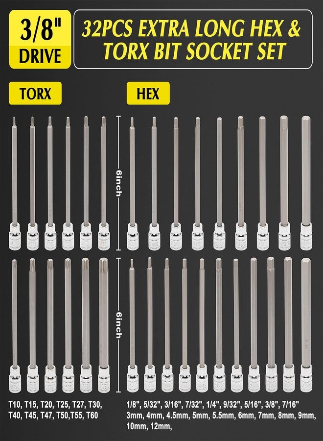 EMENTOL 32PCS 3/8"Dr. Extra Long Hex and Torx Bit Socket Set, CR-V, S2 Steel, 5.9" Length Allen Hex and Star Bit Socket Set, 1/8 Inch - 7/16 Inch, 3mm - 12mm, T10-T60 - Image 2