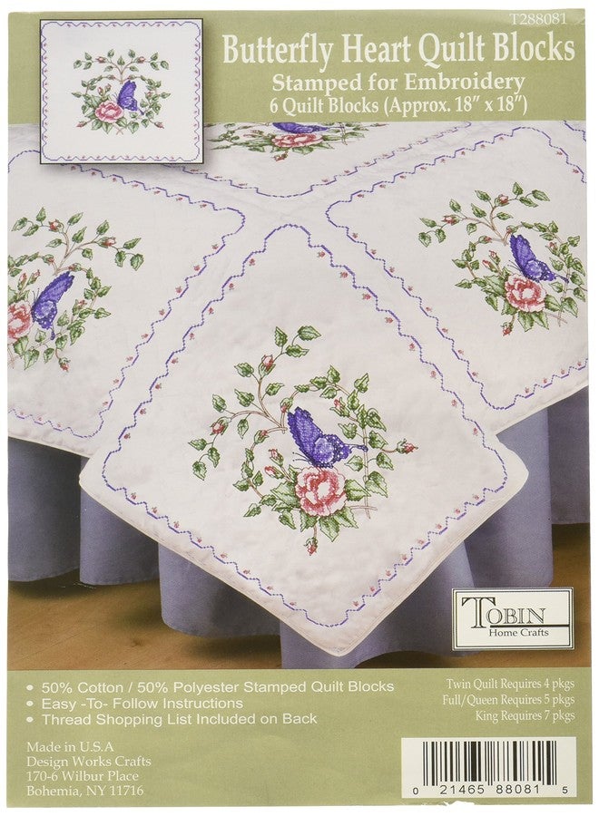 Tobin T288081 Stamped Quilt Blocks Cross Stitch Kit, 18 by 18-Inch, Butterfly Heart, White, 6 Per Package - Image 1