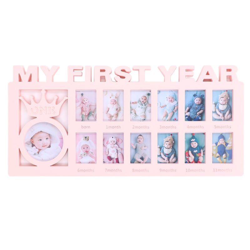 Newborn Photo Frame Pinkish 12-Slot Design - Wall Tabletop Stand Baby Growth Frame for Monthly Milestone Memory Recording Nursery Decoration - Image 1