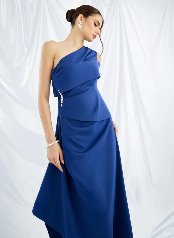 Take Two Take Two Embellished One Shoulder Asymmetric Hem Midi Dress