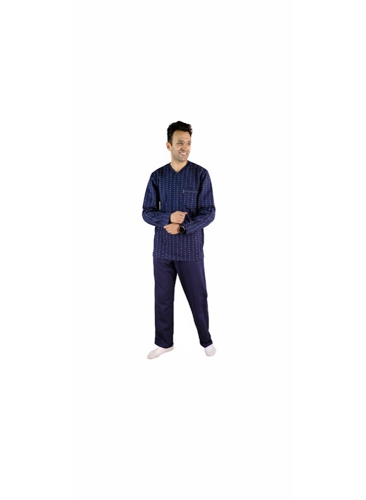Men Winter Pajama Set Long Sleeve & Plain Bottom-Navy Blue