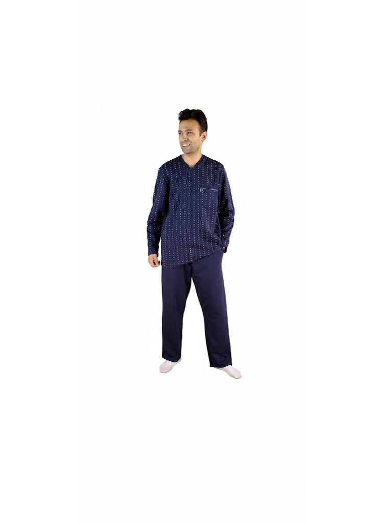Jet Men Winter Pajama Set Long Sleeve & Plain Bottom-Navy Blue - Image 2