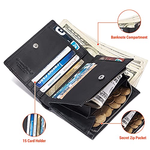 HUMERPAUL Chain Wallet for Men, Genuine Leather Bifold Wallets Rfid Blocking Men Purse with Zipper Coin Pocket (Black) - Image 2