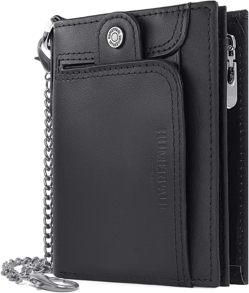 HUMERPAUL Chain Wallet for Men, Genuine Leather Bifold Wallets Rfid Blocking Men Purse with Zipper Coin Pocket (Black) - Image 1