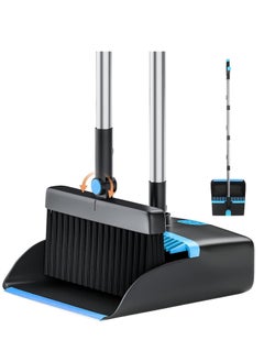 ميكسد Dustpan و الفرشاة مجموعة طويلة المقبض، 180 دوران مسح الفرشاة، 48 "مقبض الفولاذ المقاوم للصدأ المكسرة مع أسنان المشط للداخل في الهواء الطلق الحديقة المنزل غرفة المطبخ مكتب الردهة (الأزرق)  - Image 1