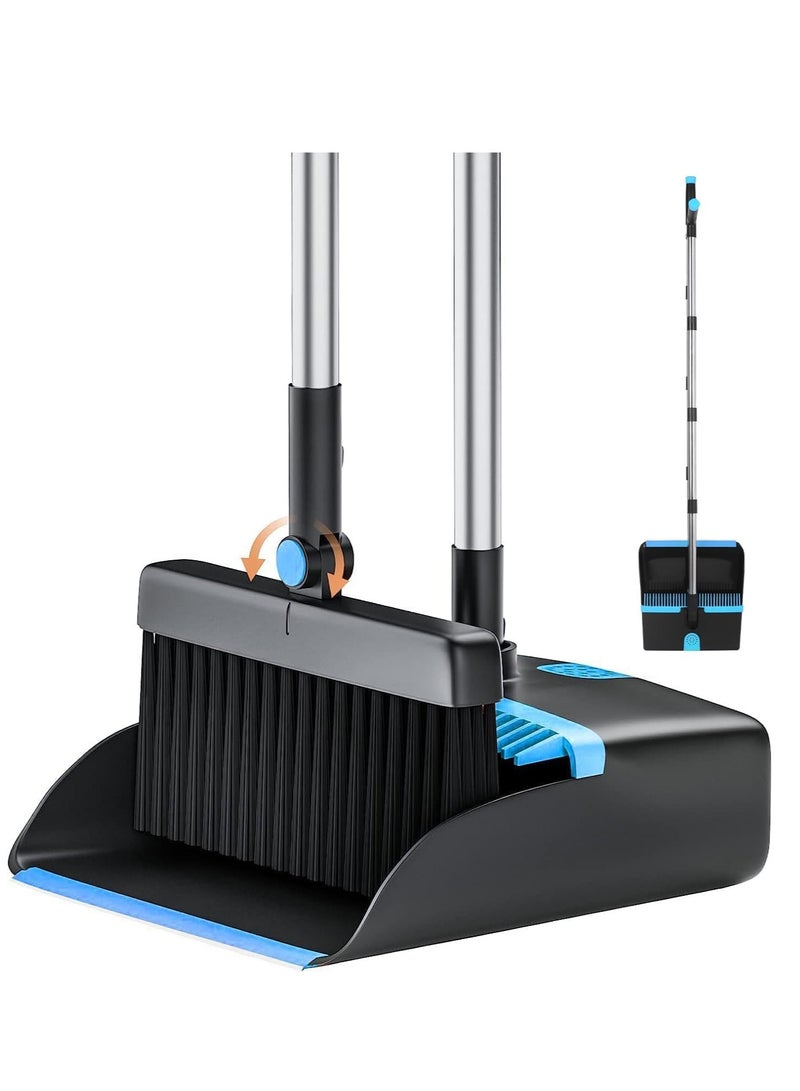 ميكسد Dustpan و الفرشاة مجموعة طويلة المقبض، 180 دوران مسح الفرشاة، 48 "مقبض الفولاذ المقاوم للصدأ المكسرة مع أسنان المشط للداخل في الهواء الطلق الحديقة المنزل غرفة المطبخ مكتب الردهة (الأزرق)  - Image 1