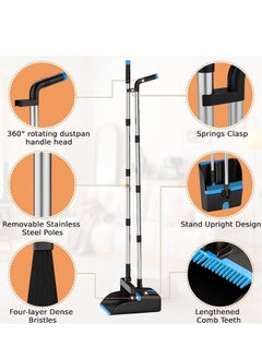 ميكسد Dustpan و الفرشاة مجموعة طويلة المقبض، 180 دوران مسح الفرشاة، 48 "مقبض الفولاذ المقاوم للصدأ المكسرة مع أسنان المشط للداخل في الهواء الطلق الحديقة المنزل غرفة المطبخ مكتب الردهة (الأزرق)  - Image 4