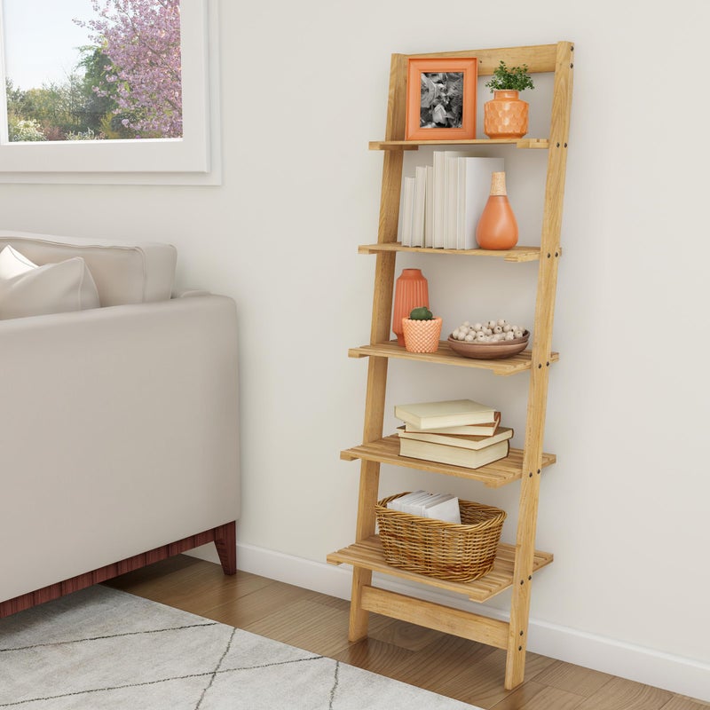 Lavish Home Lavish Home 5Tier Ladder Shelf  50Inch Narrow Leaning Bookshelf  Wooden Bookcase for Living Room Bathroom Kitchen Office or Bedroom Furniture Oak 