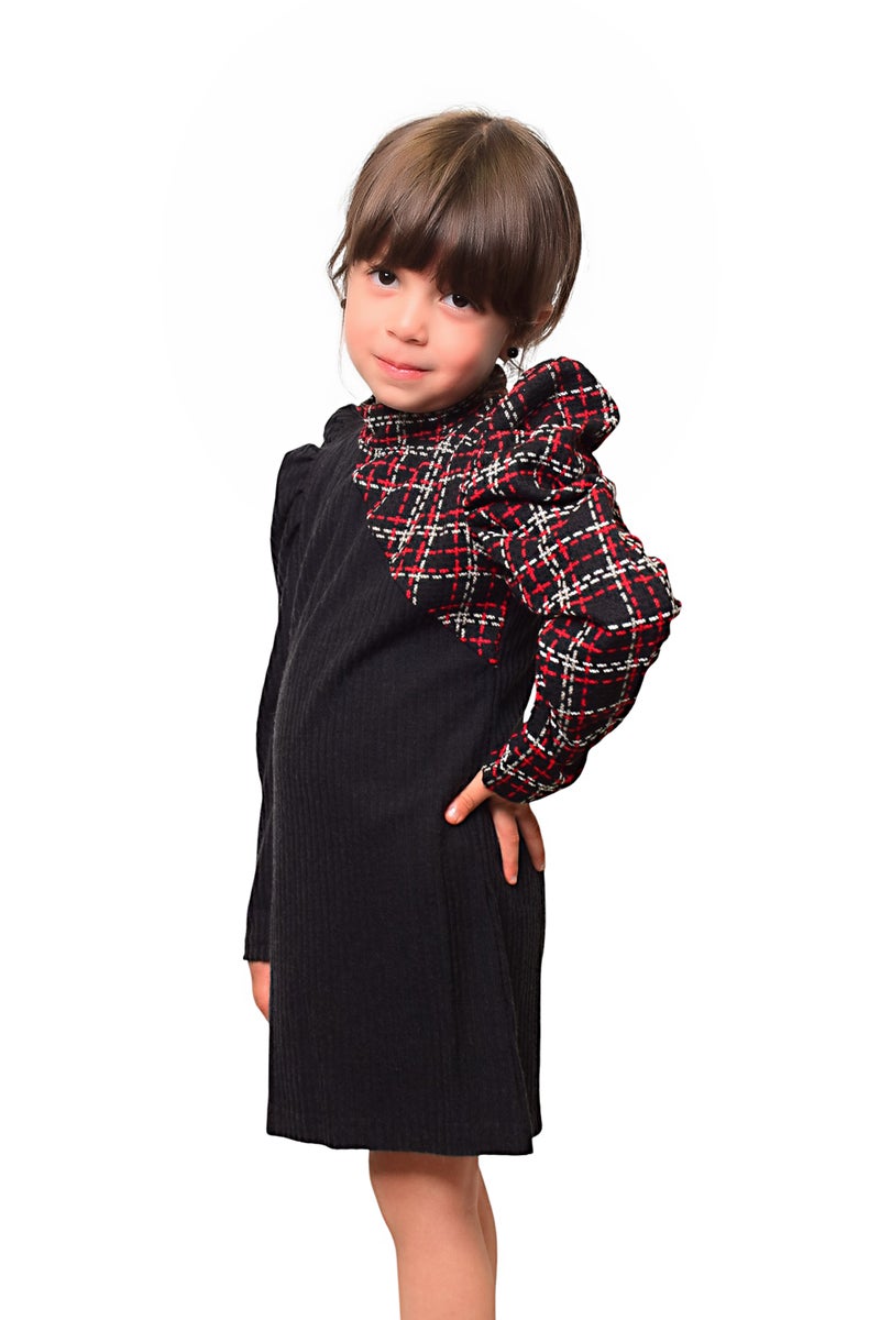 بونچو فستان طويل الأكمام للبنات مصنوع من مزيج القطن والبوليستر مع تفاصيل جاكارد باللونين الأسود والأحمر. - Image 3