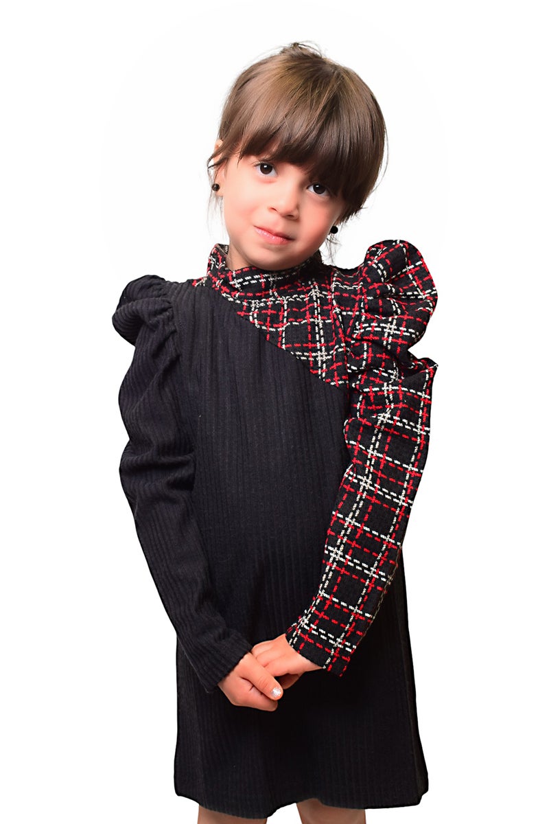 بونچو فستان طويل الأكمام للبنات مصنوع من مزيج القطن والبوليستر مع تفاصيل جاكارد باللونين الأسود والأحمر. - Image 1