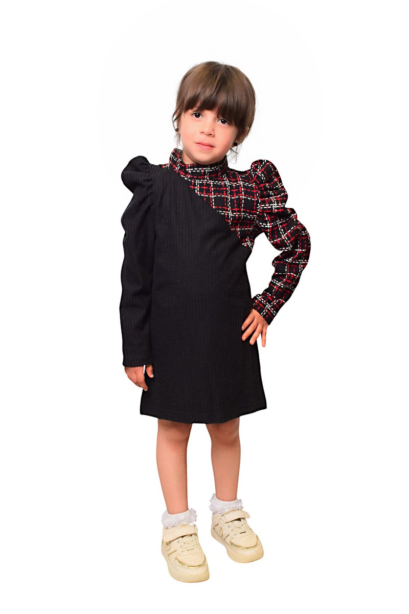 بونچو فستان طويل الأكمام للبنات مصنوع من مزيج القطن والبوليستر مع تفاصيل جاكارد باللونين الأسود والأحمر. - Image 4