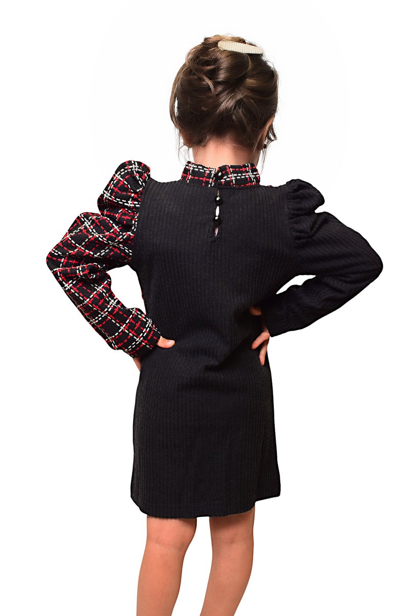 بونچو فستان طويل الأكمام للبنات مصنوع من مزيج القطن والبوليستر مع تفاصيل جاكارد باللونين الأسود والأحمر. - Image 2