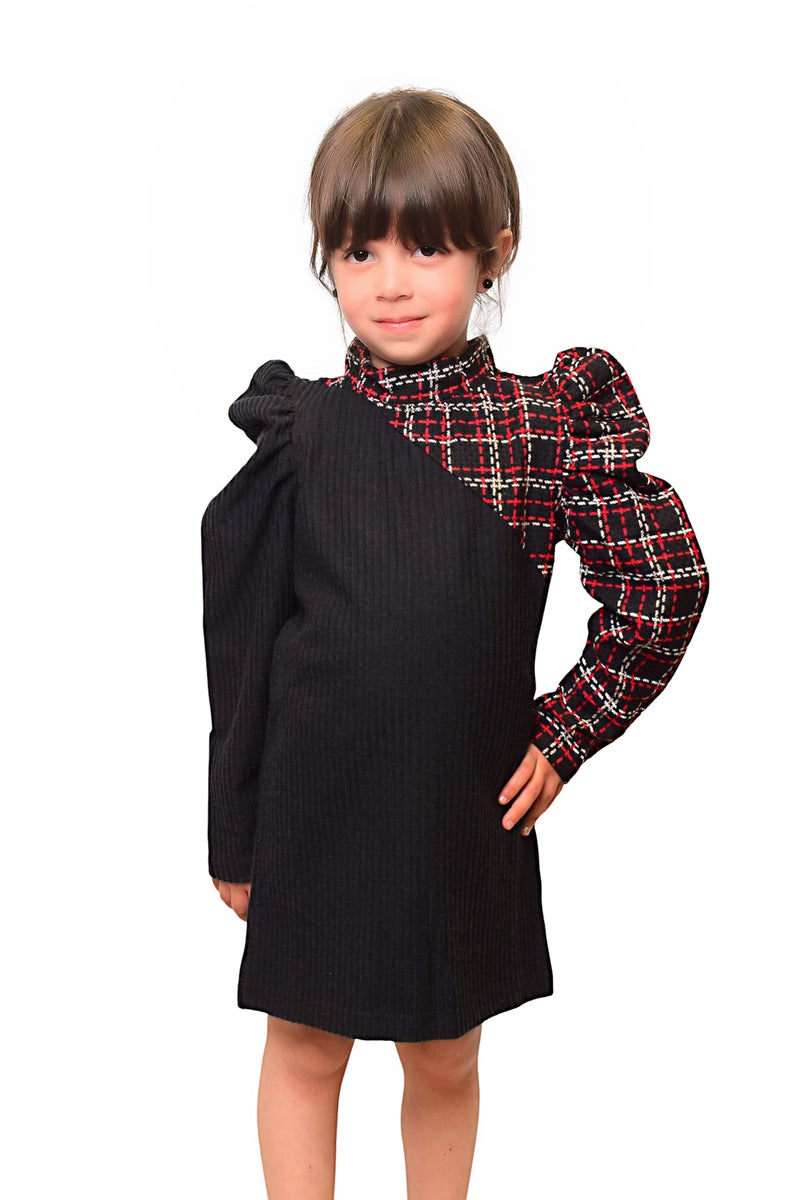 بونچو فستان طويل الأكمام للبنات مصنوع من مزيج القطن والبوليستر مع تفاصيل جاكارد باللونين الأسود والأحمر. - Image 5