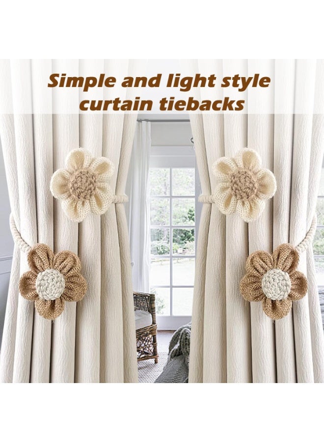 Decorative Floral Curtain Tiebacks, 4 Pack, Cream and Khaki Cotton Rope Holdbacks with Sunflower Design - Image 5
