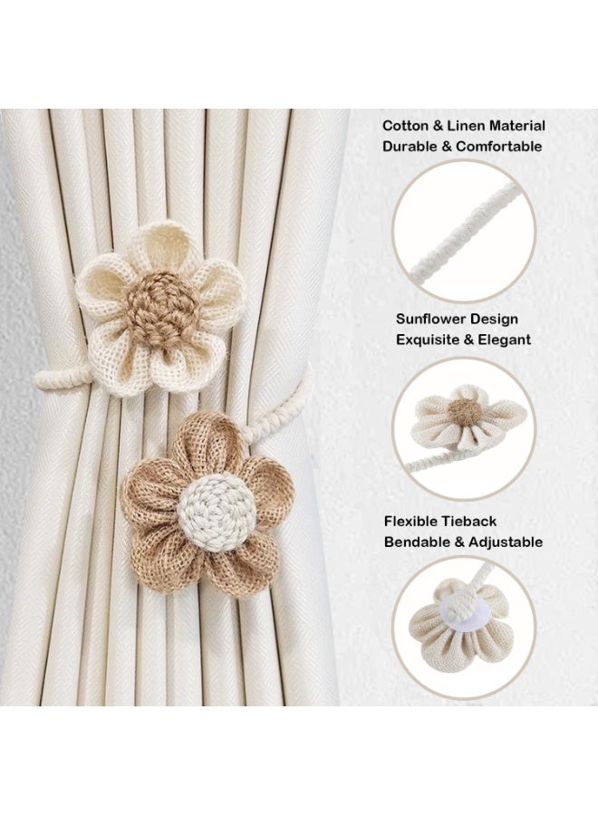 Decorative Floral Curtain Tiebacks, 4 Pack, Cream and Khaki Cotton Rope Holdbacks with Sunflower Design - Image 3