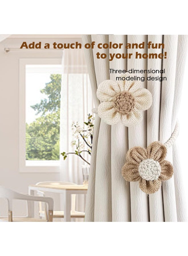 Decorative Floral Curtain Tiebacks, 4 Pack, Cream and Khaki Cotton Rope Holdbacks with Sunflower Design - Image 2