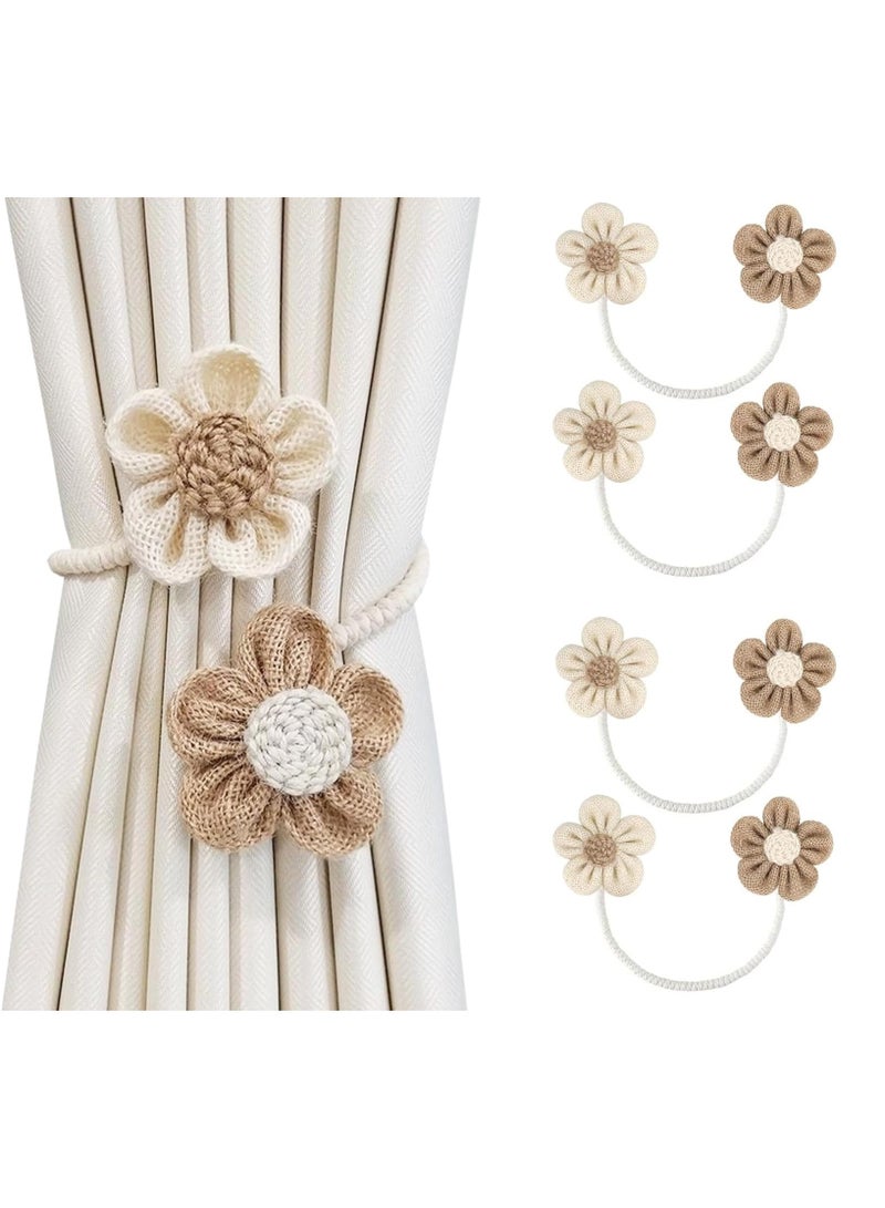 Decorative Floral Curtain Tiebacks, 4 Pack, Cream and Khaki Cotton Rope Holdbacks with Sunflower Design - Image 1