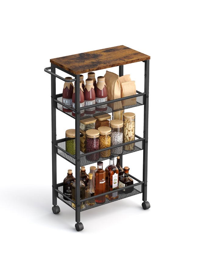 VASAGLE 4-Shelf Trolley, Space-Saving Kitchen Cart with Castors, Steel Frame, Handle, Trolley for Small Spaces, Kitchen Bathroom Living Room Studio, Rustic Brown and Black - Image 1