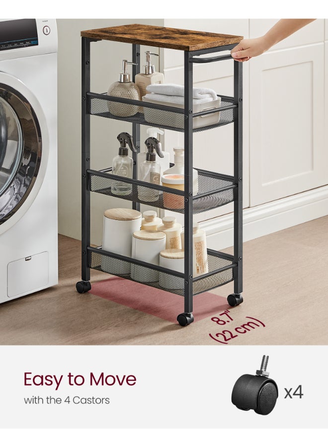 VASAGLE 4-Shelf Trolley, Space-Saving Kitchen Cart with Castors, Steel Frame, Handle, Trolley for Small Spaces, Kitchen Bathroom Living Room Studio, Rustic Brown and Black - Image 4