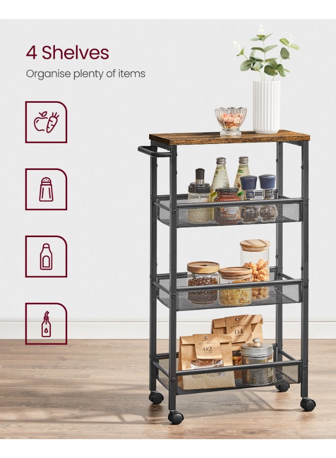 VASAGLE 4-Shelf Trolley, Space-Saving Kitchen Cart with Castors, Steel Frame, Handle, Trolley for Small Spaces, Kitchen Bathroom Living Room Studio, Rustic Brown and Black - Image 3