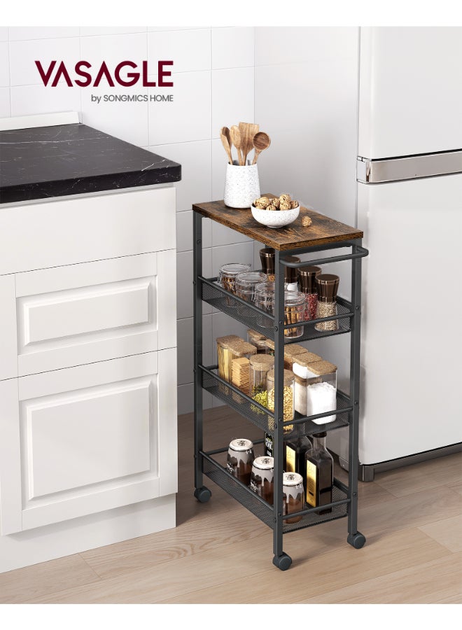 VASAGLE 4-Shelf Trolley, Space-Saving Kitchen Cart with Castors, Steel Frame, Handle, Trolley for Small Spaces, Kitchen Bathroom Living Room Studio, Rustic Brown and Black - Image 2