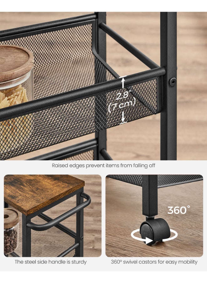 VASAGLE 4-Shelf Trolley, Space-Saving Kitchen Cart with Castors, Steel Frame, Handle, Trolley for Small Spaces, Kitchen Bathroom Living Room Studio, Rustic Brown and Black - Image 5