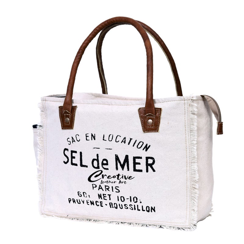 CREATIVE LEATHER ART CLA Bags Sel De Mer Upcycled Canvas Hand Bag Upcycled Canvas & Cowhide Tote Bag, Upcycled Canvas & Cowhide Leather Bag - Image 3