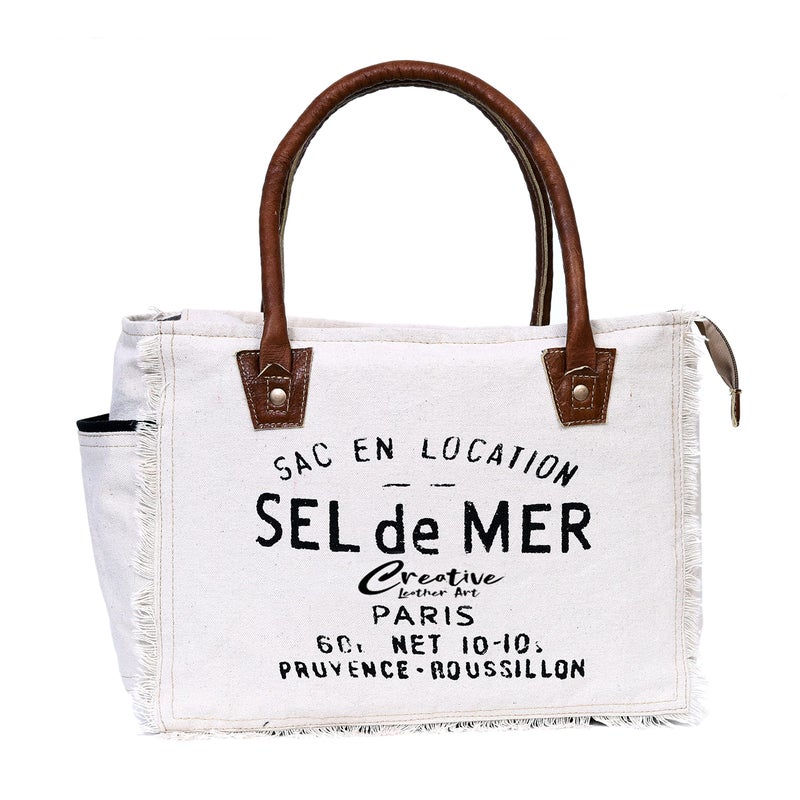 CREATIVE LEATHER ART CLA Bags Sel De Mer Upcycled Canvas Hand Bag Upcycled Canvas & Cowhide Tote Bag, Upcycled Canvas & Cowhide Leather Bag - Image 2