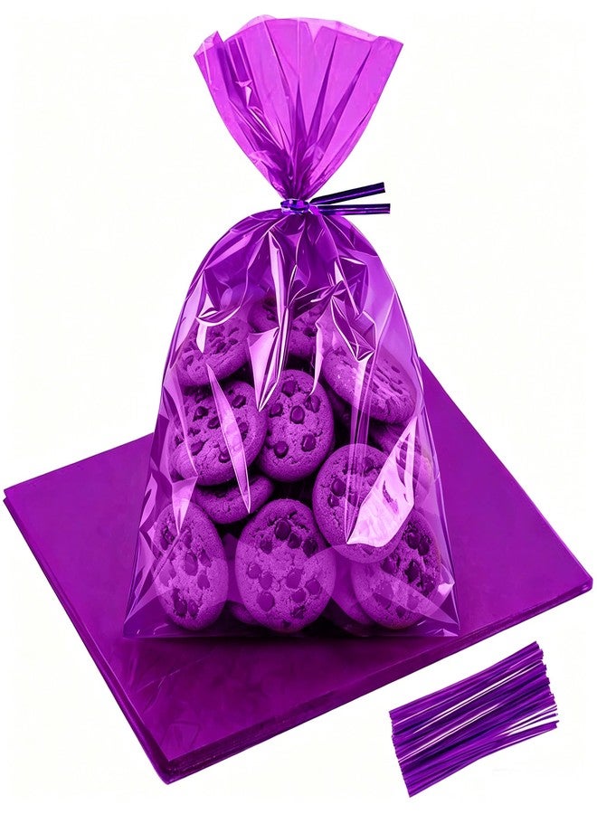 QOIUSO Purple Clear Cellophane Treat Bags 8x11 Inch: 50 Pack Clear Gift Bags with Ties for Treat Candy Goodie Cookies Snacks Party Favors and Christmas Gift Wrapping - Image 1