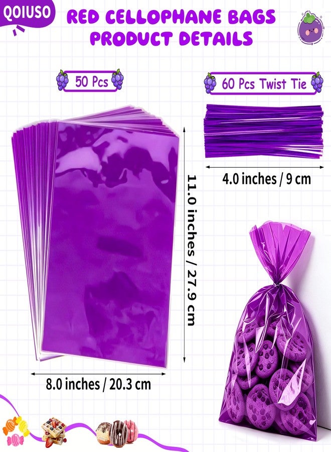 QOIUSO Purple Clear Cellophane Treat Bags 8x11 Inch: 50 Pack Clear Gift Bags with Ties for Treat Candy Goodie Cookies Snacks Party Favors and Christmas Gift Wrapping - Image 2