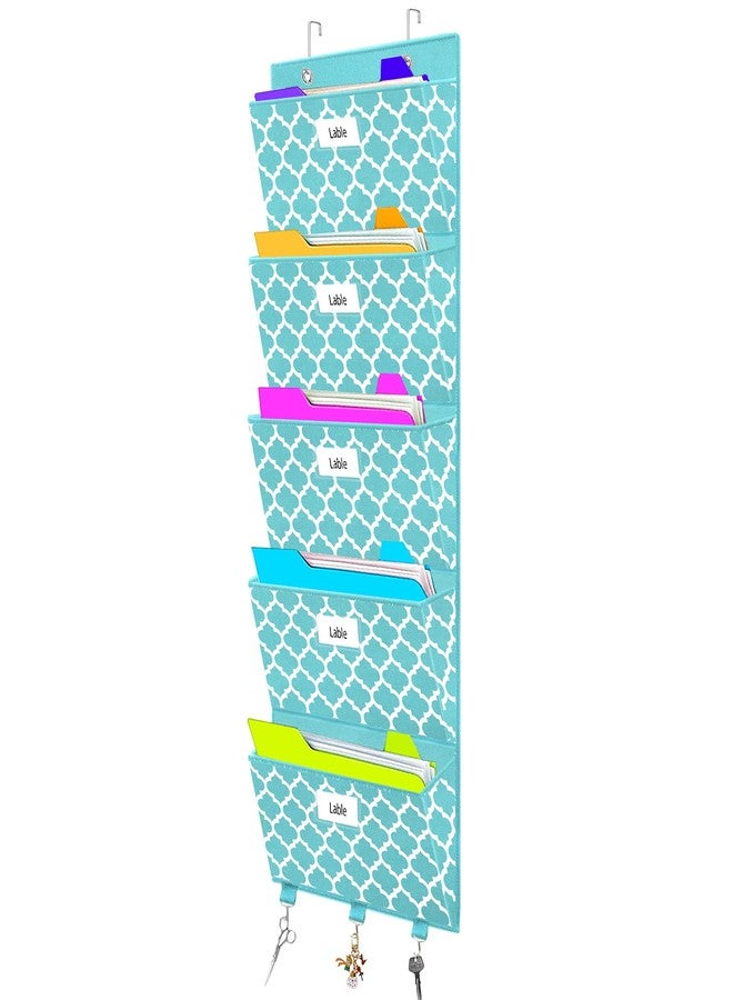Homyfort Over the Door File Organizer, Hanging File Folders, Wall Organizers and Storage for Mail, Magazine, Notebooks, Planners, Office, Classroom, 5 Extra Large Pockets, 50.39” Tall (Blue Lantern Pattern) - Image 1