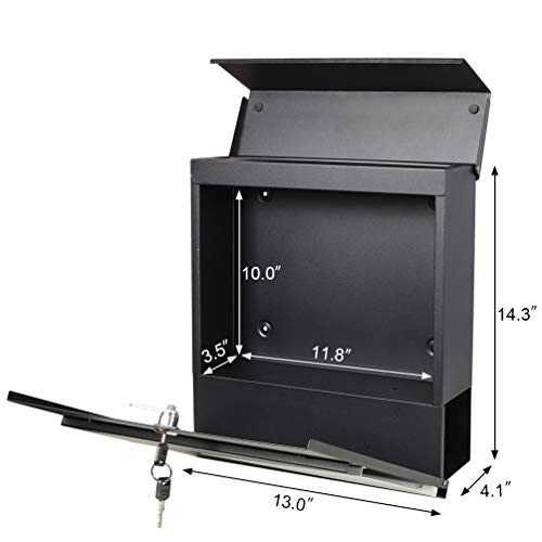 Parrency Lockable Mailboxes with Keys,Outdoor Wall Mounted Mail Box with Large Capacity,14 3/10" x 4 1/10" x 13",Black - Image 3