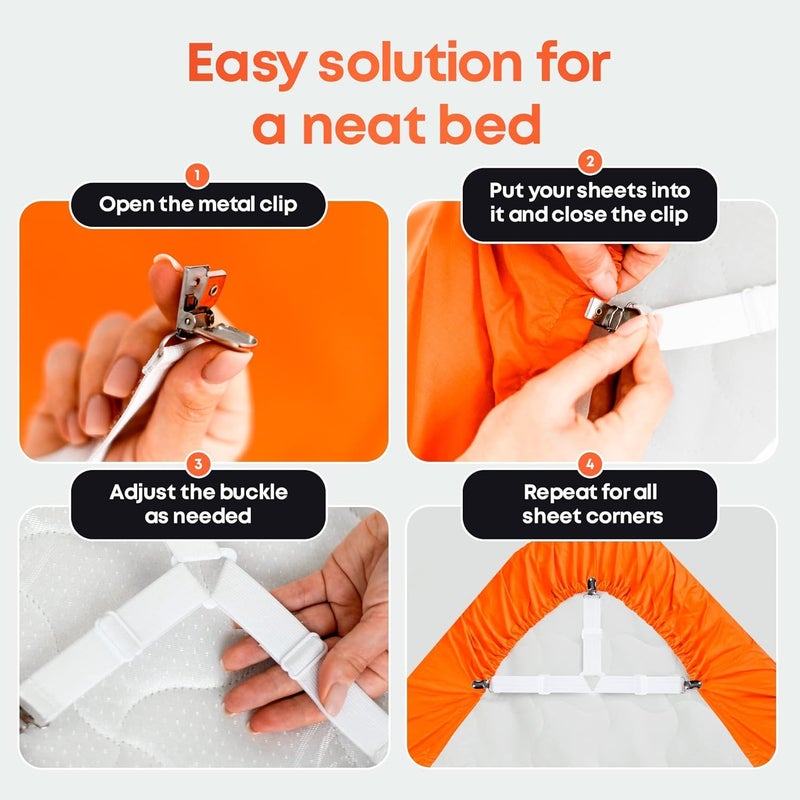 Mincerfit Mincerfit Adjustable Elastic Fasteners with Metal Clips, Keep in Place Fitted Bedding Holder, Easy Install Suspenders Mattresses, Firm Tight Accessories, 4 Pack White (White)  - Image 3