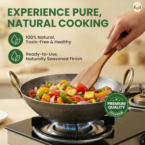 RBY 7 Litre (14.2 Inch / 36 CM) Hammered Food Grade Iron Kadai Lohe Ki Kadhai for Frying Cooking Heavy Base Smooth Edge Metal Spoon Friendly Deep Frying Pan Riveted Handle Gas & Induction Compatible - Image 4