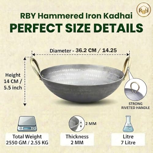 RBY 7 Litre (14.2 Inch / 36 CM) Hammered Food Grade Iron Kadai Lohe Ki Kadhai for Frying Cooking Heavy Base Smooth Edge Metal Spoon Friendly Deep Frying Pan Riveted Handle Gas & Induction Compatible - Image 2