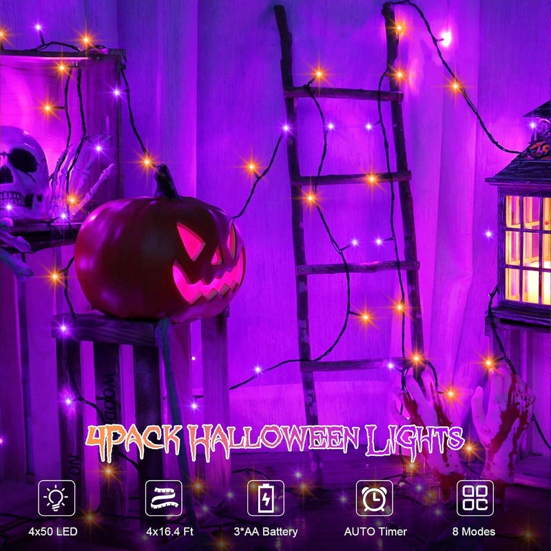 DealBeta 4 Pack Orange Purple Halloween String Lights Battery Operated, Each 16.4Ft 50 LED Indoor Halloween Lights with Timer 8 Modes for Party Yard Patio Decoration - Image 2
