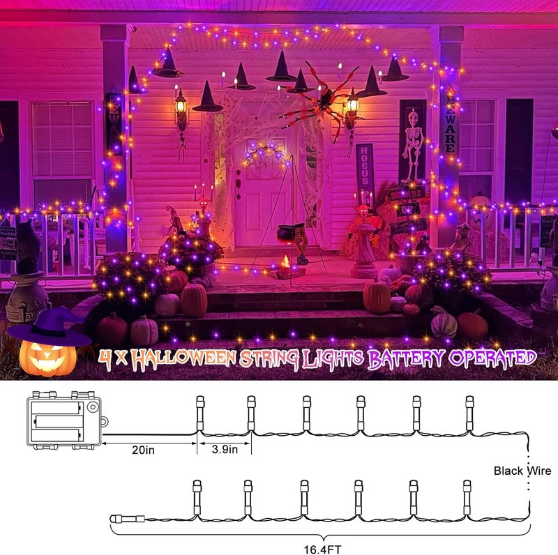 DealBeta 4 Pack Orange Purple Halloween String Lights Battery Operated, Each 16.4Ft 50 LED Indoor Halloween Lights with Timer 8 Modes for Party Yard Patio Decoration - Image 4