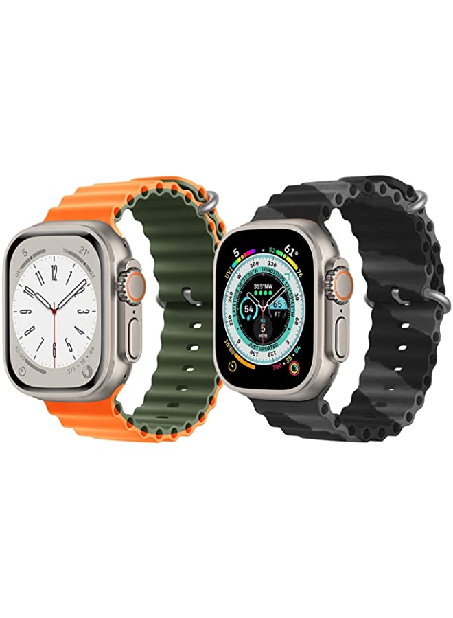 vesus Silicone Ocean Band Strap for Apple Watch Ultra 8 49mm Orange/Green Double Side Strap with Black/Gray Double Line Strap Set of 2