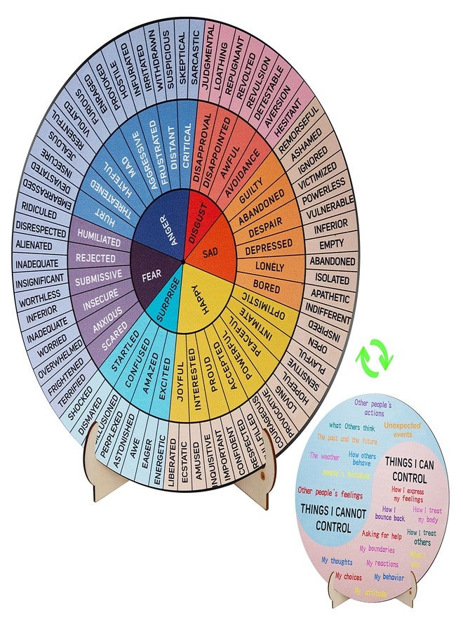 Jeoronuly Feelings Wheel Therapy Office Decor, 9.7 Inches Diameter Large Double Sided Mental Health Decor Emotion Wheel with Stand, Wooden Coping Wheel Chart Gifts for School, Therapy Office, 2025 Upgrade - Image 1