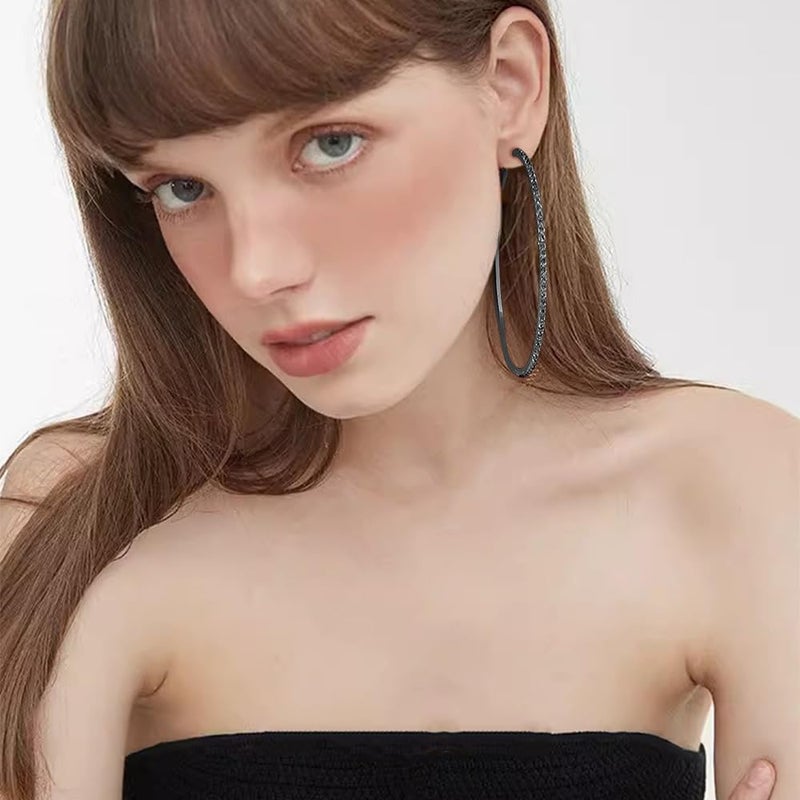 Dtja Large Rhinestone Hoop Earrings for Women Girls Hypoallergenic Extra Big 80mm Huggie CZ Hoops Dangle Drop Earring Fashion Chic Party Jewelry Gifts 3 inch (Black) - Image 2
