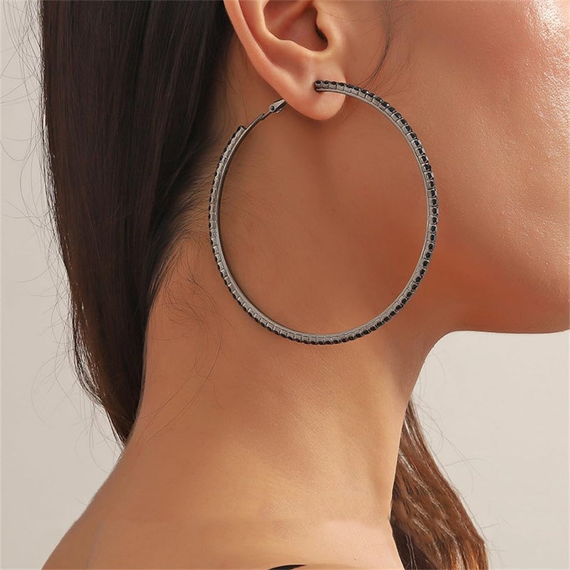 Dtja Large Rhinestone Hoop Earrings for Women Girls Hypoallergenic Extra Big 80mm Huggie CZ Hoops Dangle Drop Earring Fashion Chic Party Jewelry Gifts 3 inch (Black) - Image 3