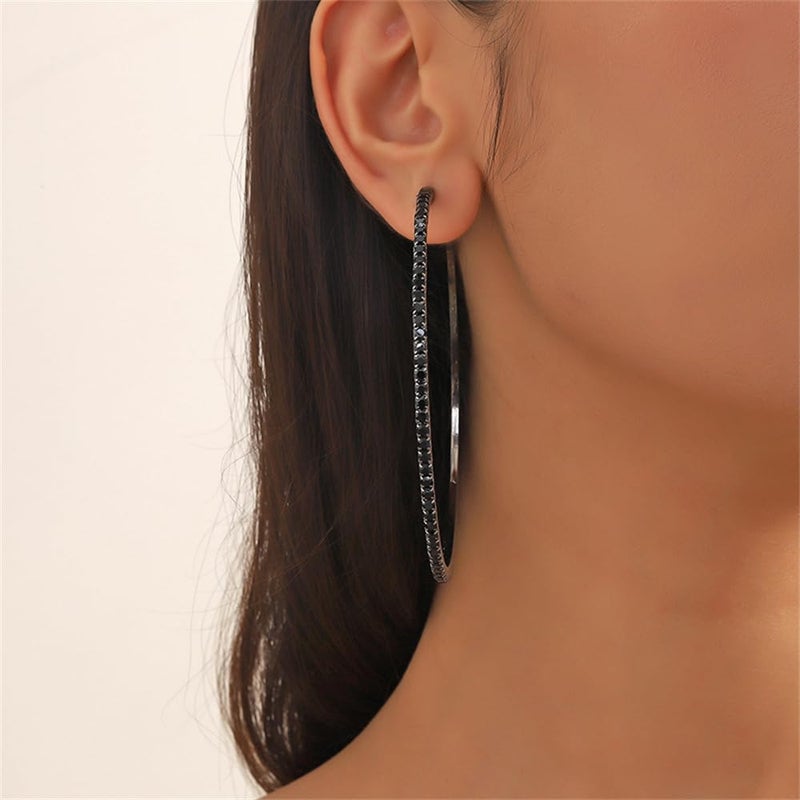 Dtja Large Rhinestone Hoop Earrings for Women Girls Hypoallergenic Extra Big 80mm Huggie CZ Hoops Dangle Drop Earring Fashion Chic Party Jewelry Gifts 3 inch (Black) - Image 4