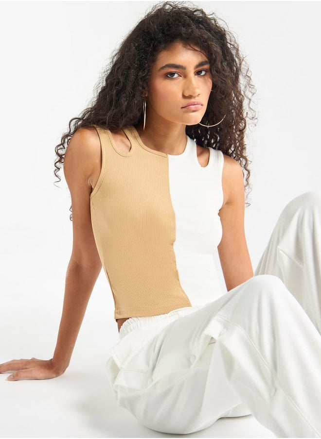 FAV Colourblock Ribbed Sleeveless Top with Cutout Detail and Round Neck  - Image 1